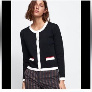 Zara Black Cardigan with White Trim and Red Pocket Detail